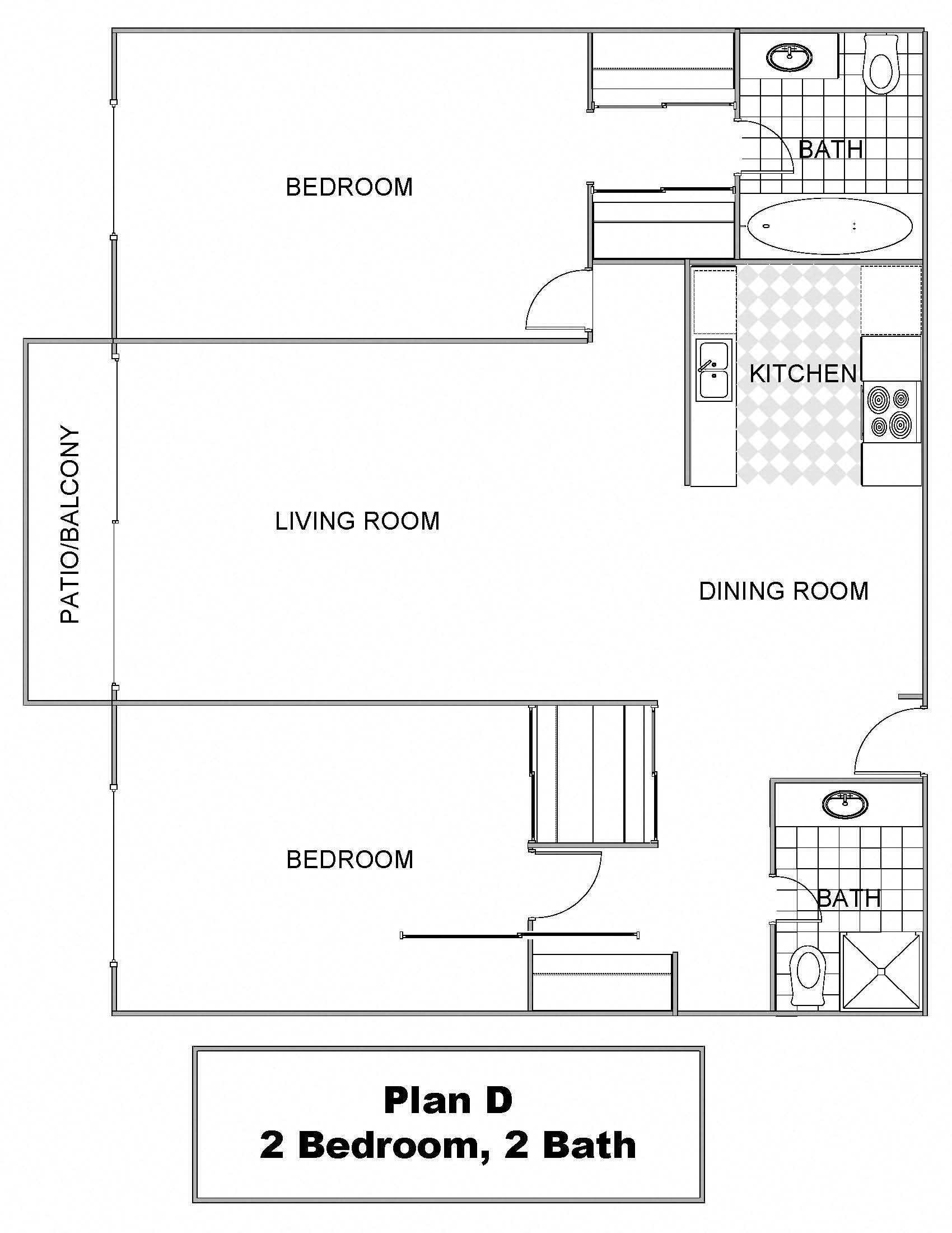 Floor plan for 2 beds, 2 baths, 1047 sqft